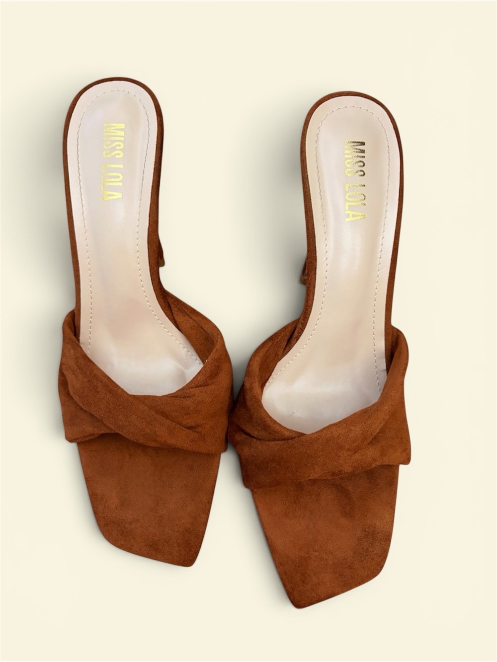 Miss Lola Rust Brown Faux Suede Square-Toe Slide Heels